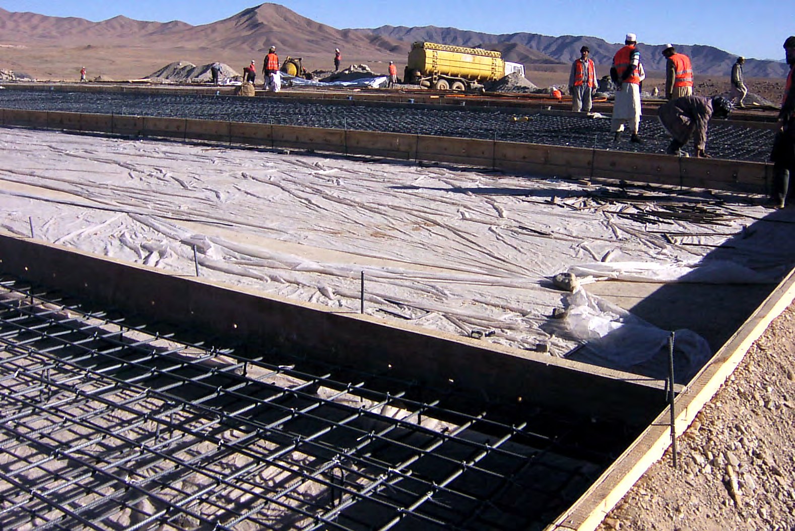 Steel reinforcement mesh laid for a concrete pavement